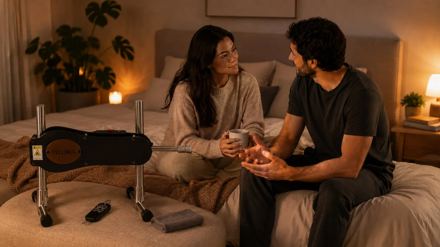 A couple talking in a candlelit bedroom beside a Velqira sex machine