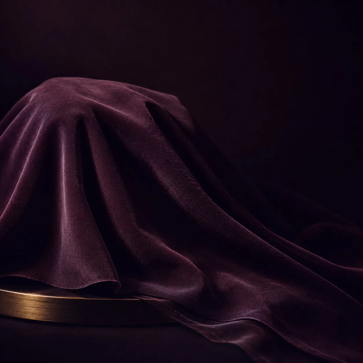 The next Velqira sex machine in development — deep plum velvet draped over an unseen form on a brushed brass tray