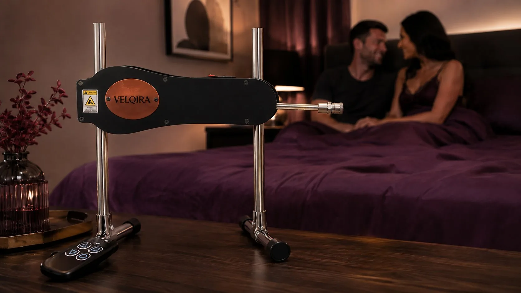 Velqira COVE sex machine on a bedside table — sex machine vs. thrusting dildo comparison